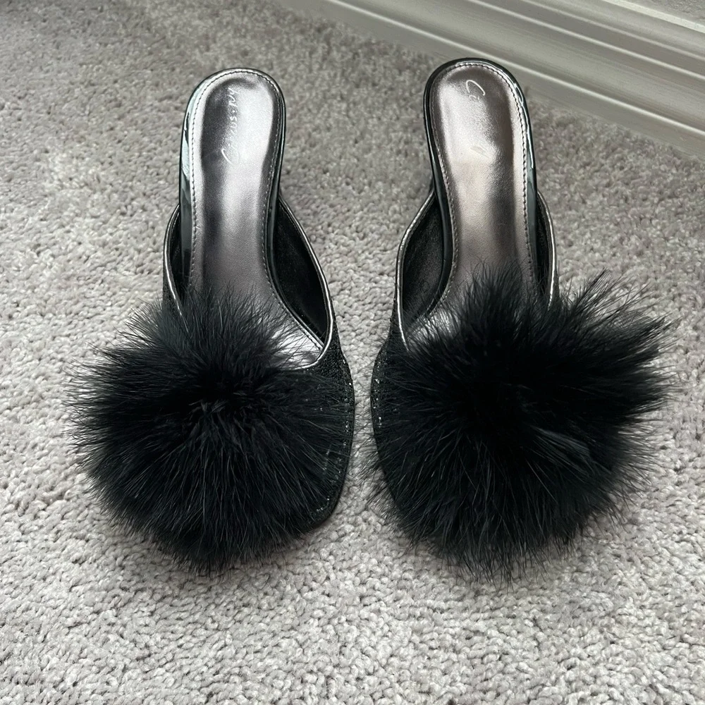 EUC Sam Edelman Black Pom-Pom Sequin Heels - Picture 7 of 10